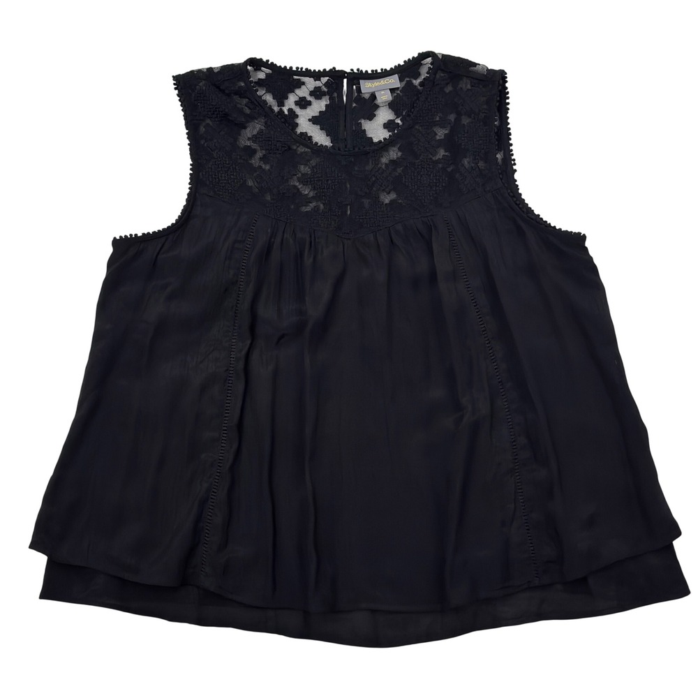 Style & Co Womens Boho Peasant Tunic Tank Top XL Blk Sleeveless Lace Summer Goth